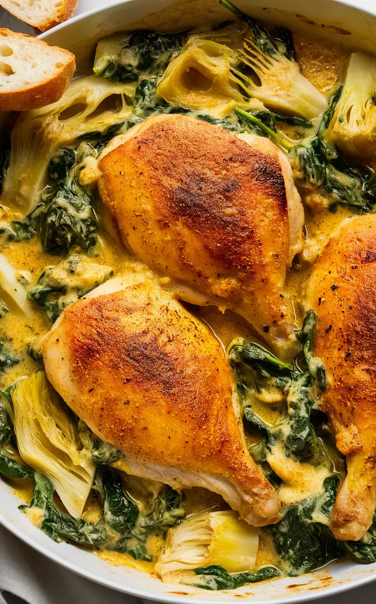 1. Chicken recipe, delicious meal 2. Spinach artichoke, easy and tasty 3. Nutritious and satisfying 4. Weeknight dinners, special occasions 5. Comforting homemade meal