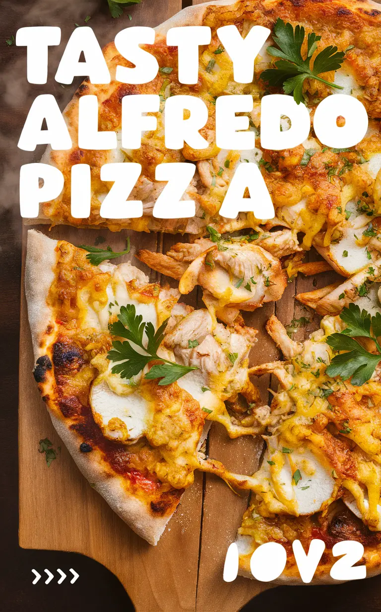 tasty chicken alfredo pizza, chicken alfredo, creamy alfredo sauce, mushroom pizza, crispy pizza base