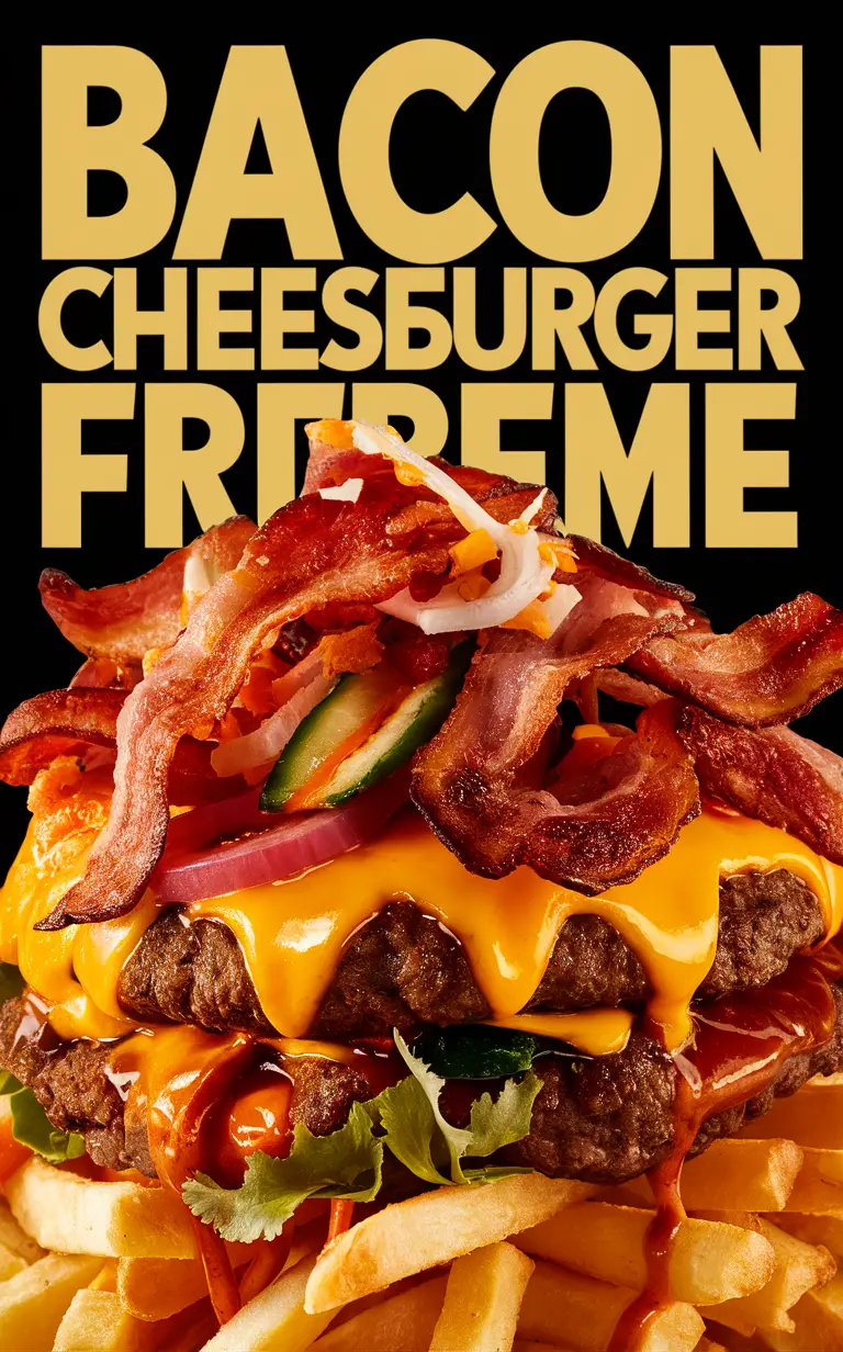 Burger and Fries, Fast Food Delight, Gourmet Burger, Savory Bacon, Tasty Cheeseburger