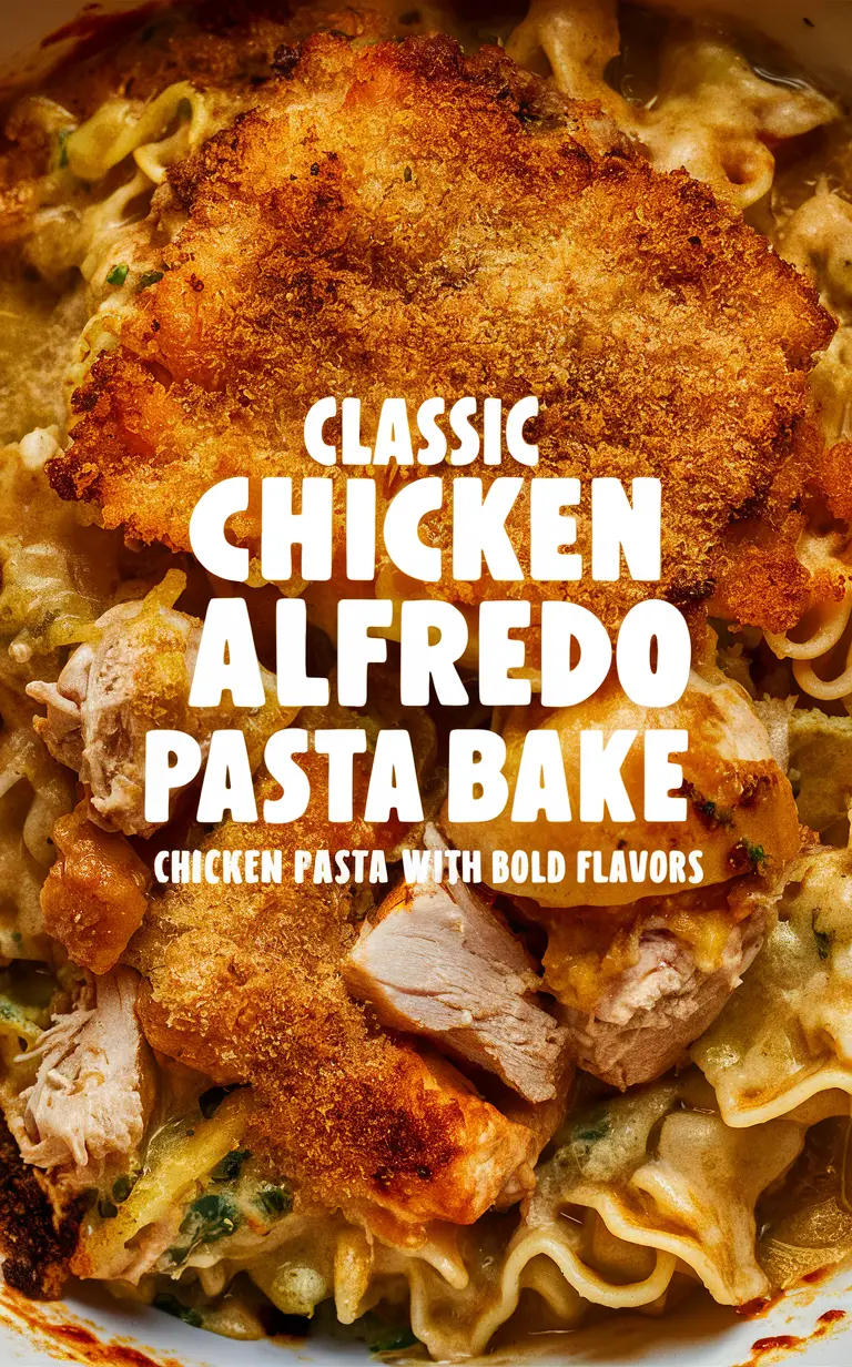 chicken alfredo pasta bake, alfredo sauce, creamy chicken pasta, indulgent pasta dish, comforting chicken bake