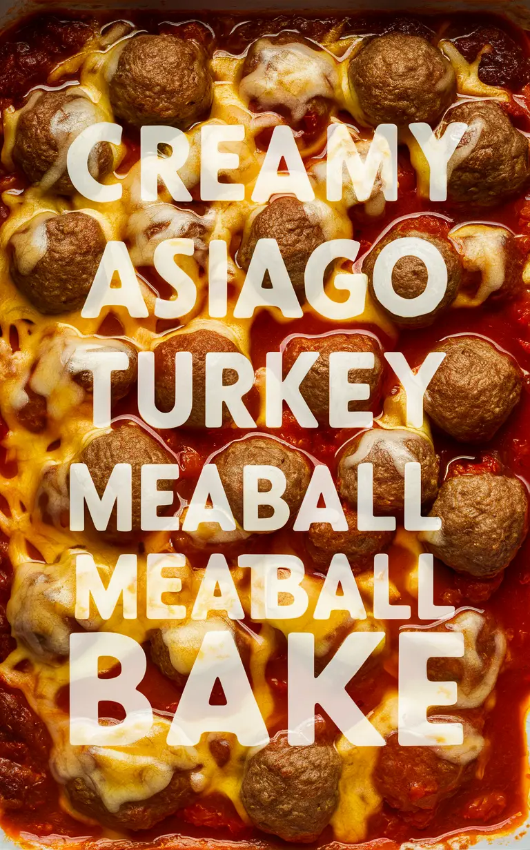 Creamy turkey meatball bake, Asiago cheese meatball bake, Creamy meatball casserole, Turkey meatball bake recipe, Asiago cheese casserole