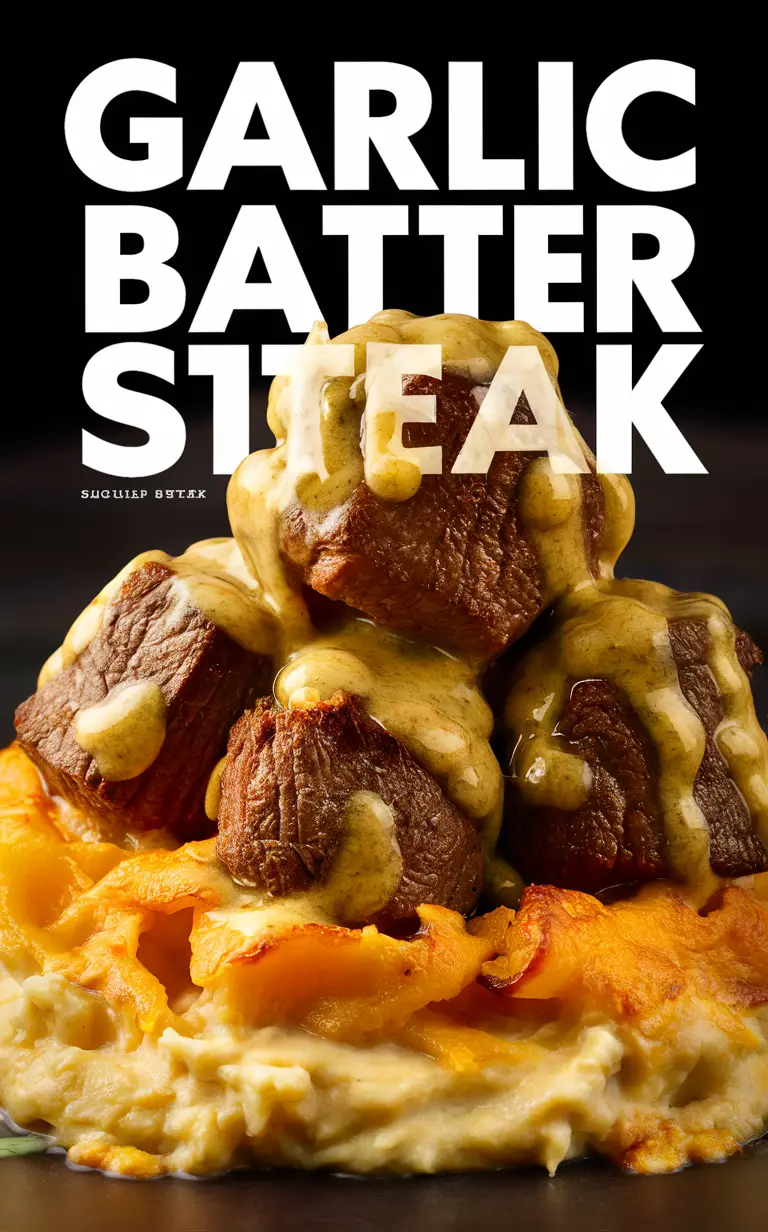 Garlic butter steak bites, Cheesy mashed potatoes, Delicious steak recipe, Gourmet mashed potatoes, Succulent steak bites