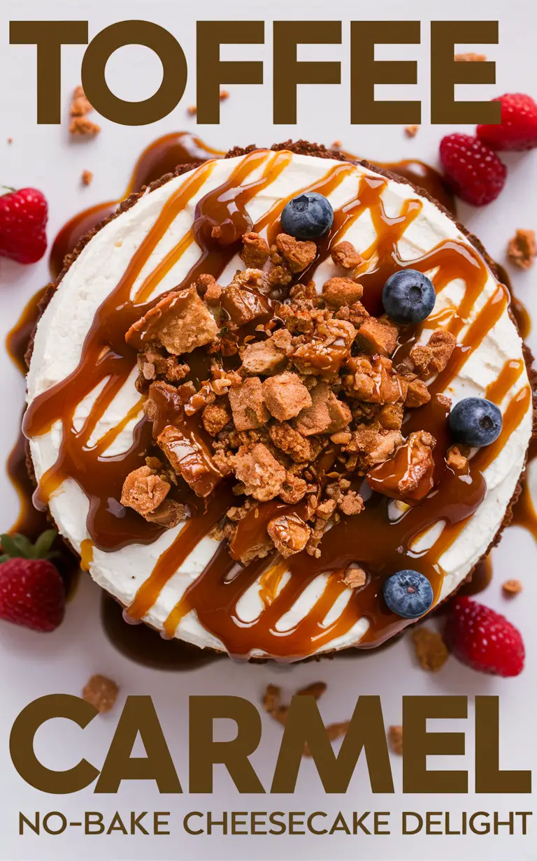 Toffee Caramel Cheesecake, No-Bake Dessert, Creamy Cheesecake, Toffee Bits, Caramel Drizzle