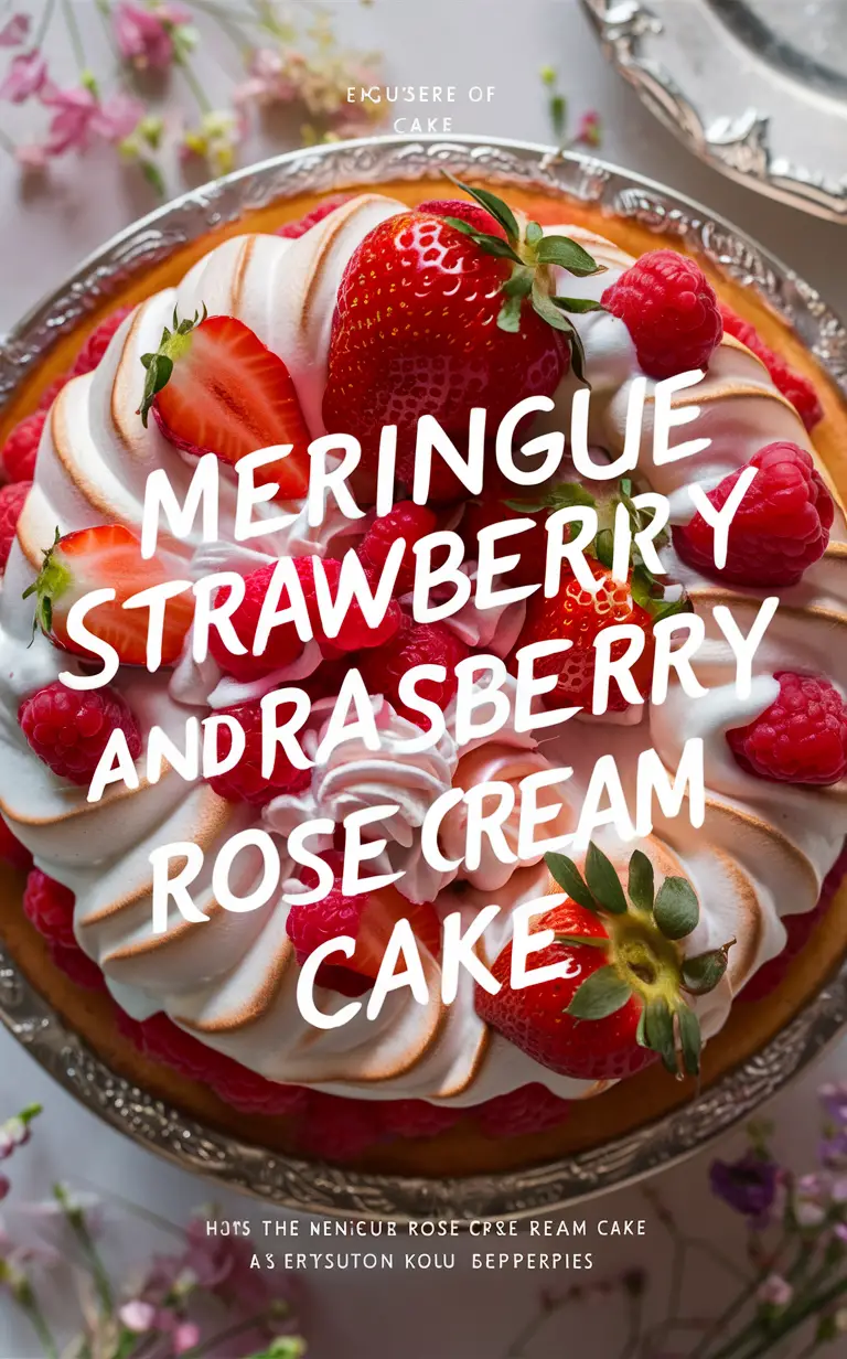 1. Strawberry cream cake 2. Rose cream dessert 3. Elegant berry cake 4. Decadent meringue treat 5. Floral cream pastry