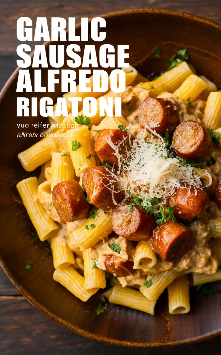 Garlic Sausage Alfredo, Rigatoni Recipe, Garlic Sausage Pasta, Alfredo Rigatoni, Creamy Sausage Pasta