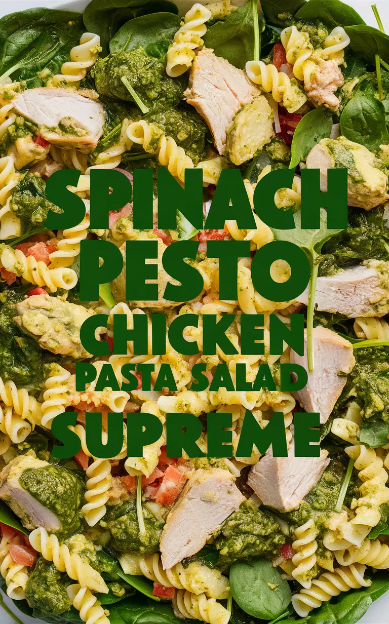 Spinach pesto pasta salad, chicken pesto salad, pasta salad supreme, spinach chicken salad, pesto pasta supreme