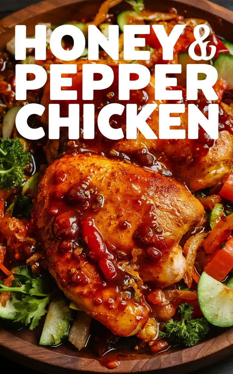 Honey glazed chicken, 
Spicy chicken recipe, 
Peppered chicken dish, 
Sweet and savory poultry, 
Honey pepper chicken wings