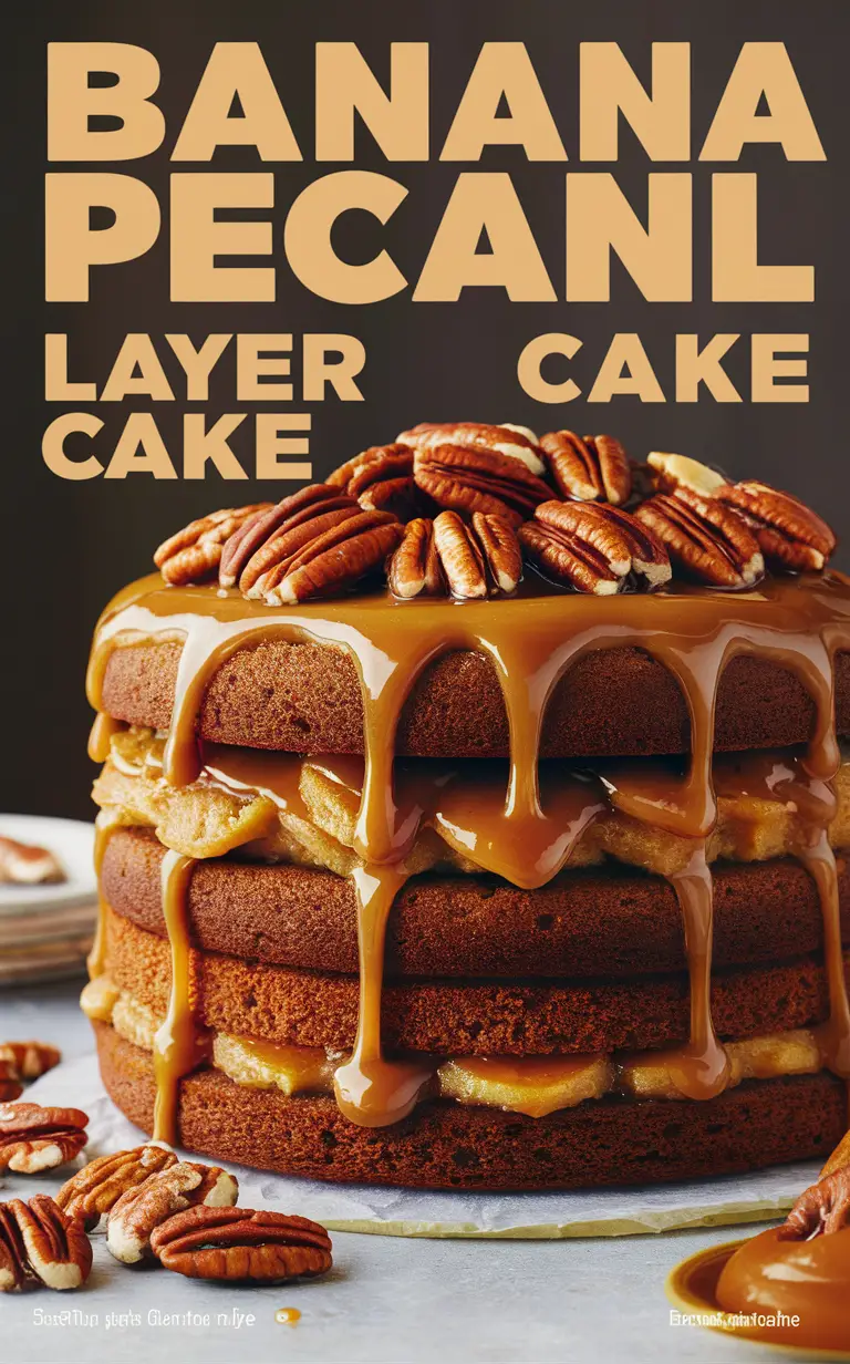 Banana Pecan Caramel Cake, Pecan Caramel Layer Cake, Banana Caramel Cake, Caramel Banana Cake, Pecan Layer Cake