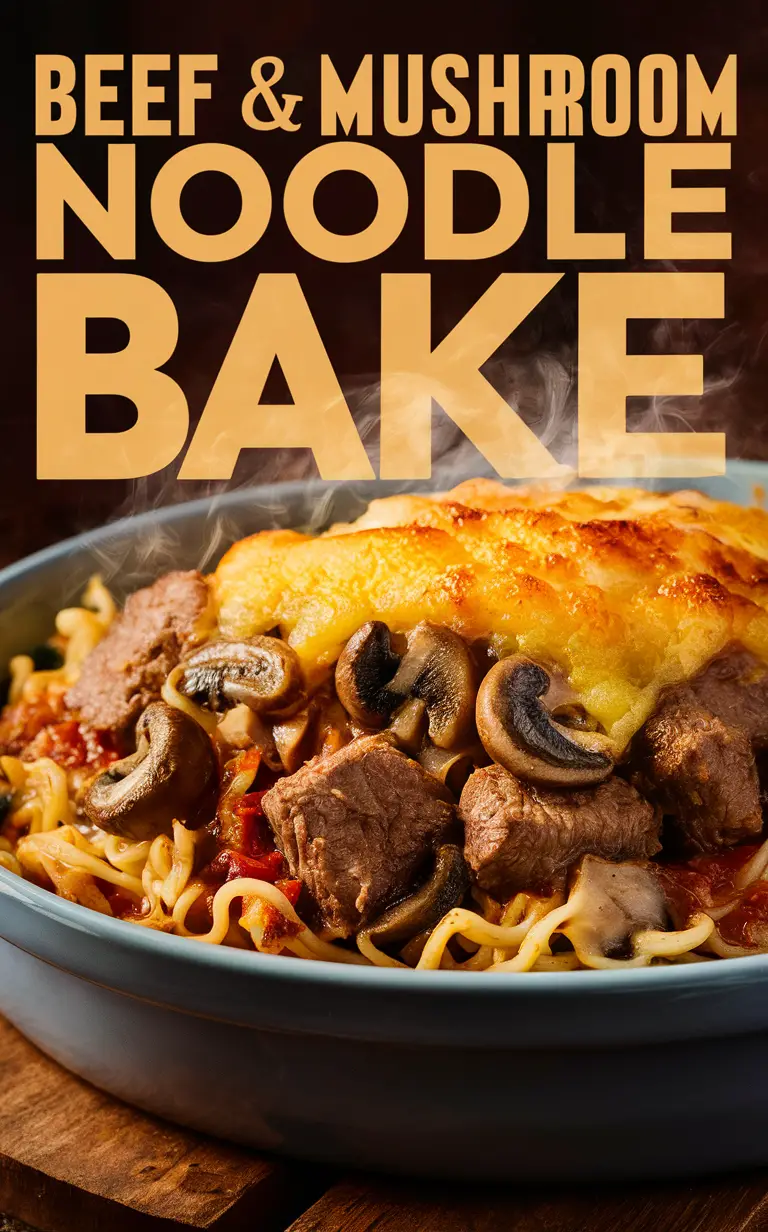 Beef noodle casserole, Mushroom beef recipe, Easy beef and noodle bake, Cheesy mushroom noodles, Beef and mushroom casserole