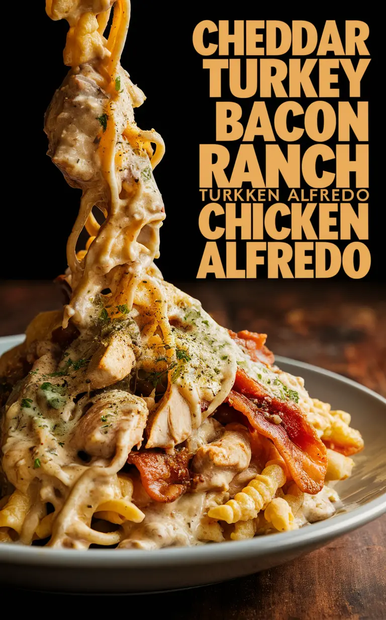 Cheddar Chicken Pasta Recipe, Bacon Ranch Alfredo Pasta, Turkey Bacon Alfredo, Chicken Bacon Ranch Alfredo, Cheddar Ranch Chicken Pasta