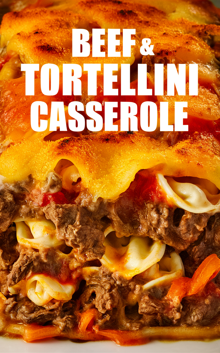 Beef casserole, Cheesy tortellini casserole, Casserole recipe, Cheesy beef recipe, Tortellini bake