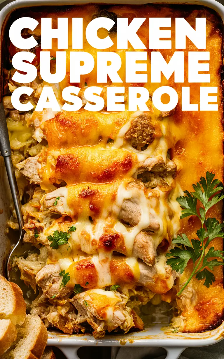 Cheesy Chicken Casserole, Chicken Supreme Bake, Cheesy Baked Chicken Dish, Supreme Chicken Casserole, Gourmet Chicken Casserole