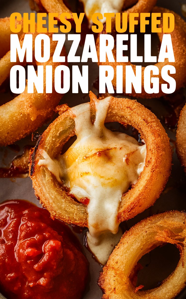 Mozzarella stuffed onion rings, Cheesy onion rings recipe, Stuffed mozzarella appetizer, Gooey cheese stuffed rings, Crispy onion ring recipe