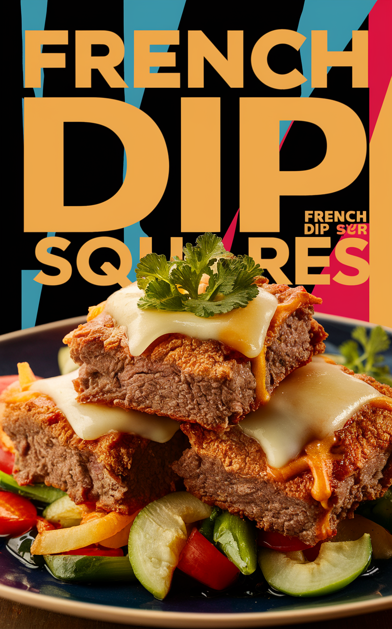 french dip sandwich recipe, roast beef dip, savory bread pudding, cheesy bread squares, beef au jus