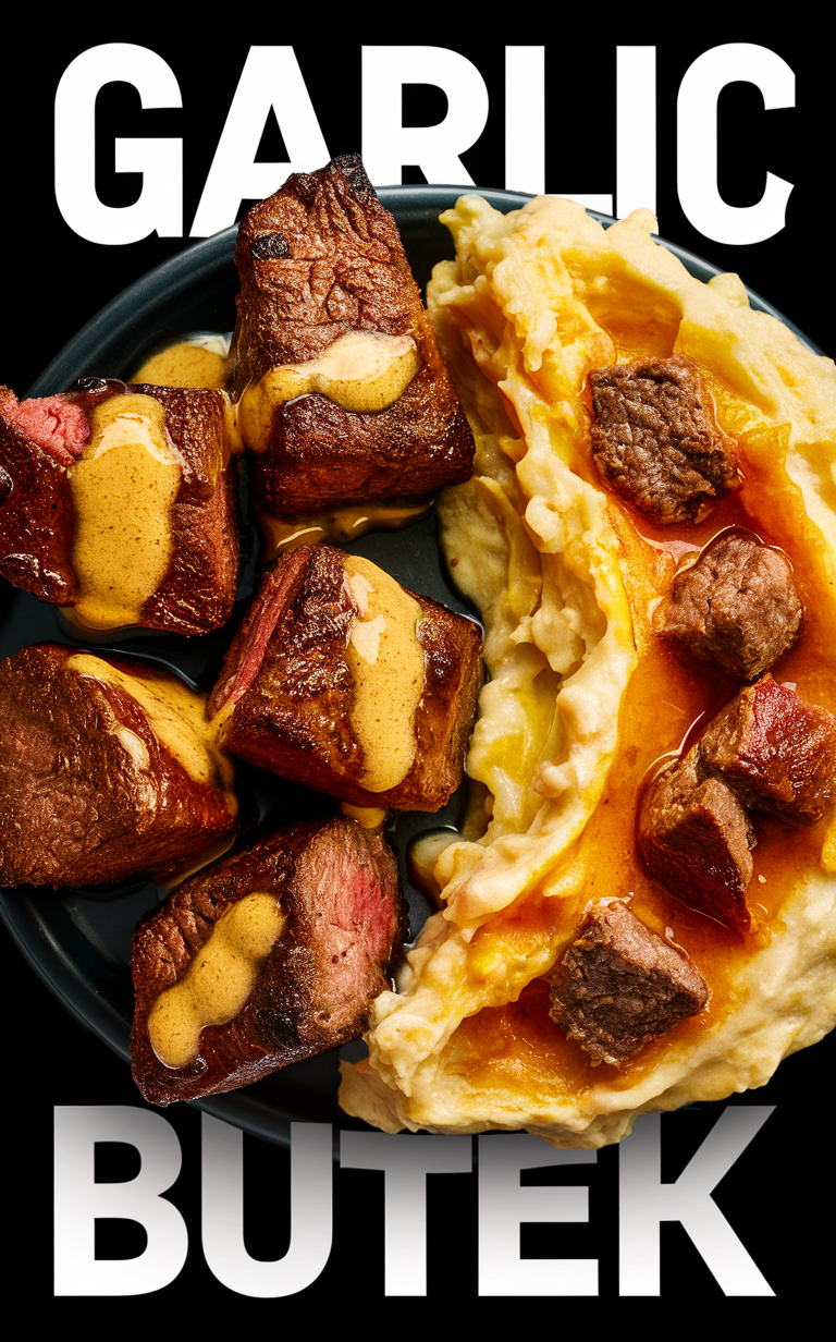 Garlic butter steak, Cheesy mashed potatoes, Beef bites, Steak dinner, Gourmet steak