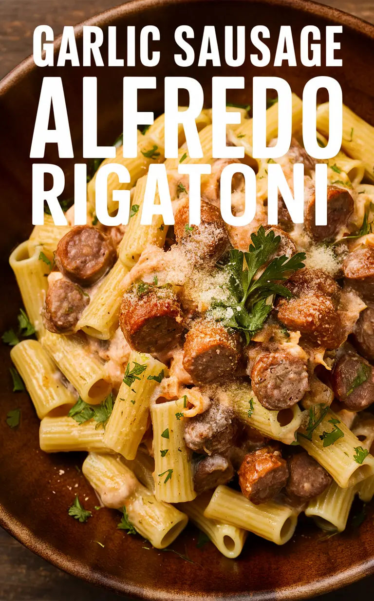 Garlic sausage Alfredo, Creamy garlic sausage pasta, Alfredo rigatoni with sausage, Homemade garlic Alfredo pasta, Gourmet sausage Alfredo