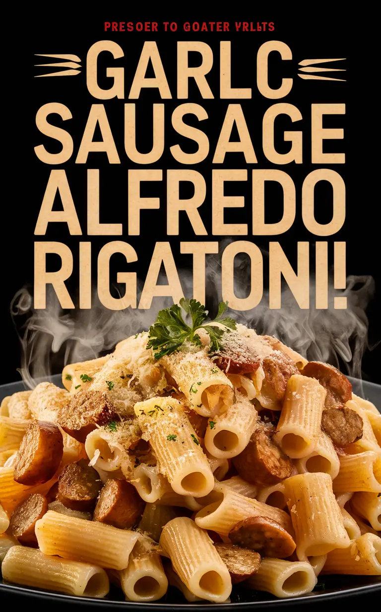 Garlic Sausage Rigatoni Recipe, Sausage Alfredo Pasta, Creamy Garlic Sausage Pasta, Alfredo Rigatoni with Sausage, Delicious Sausage Alfredo