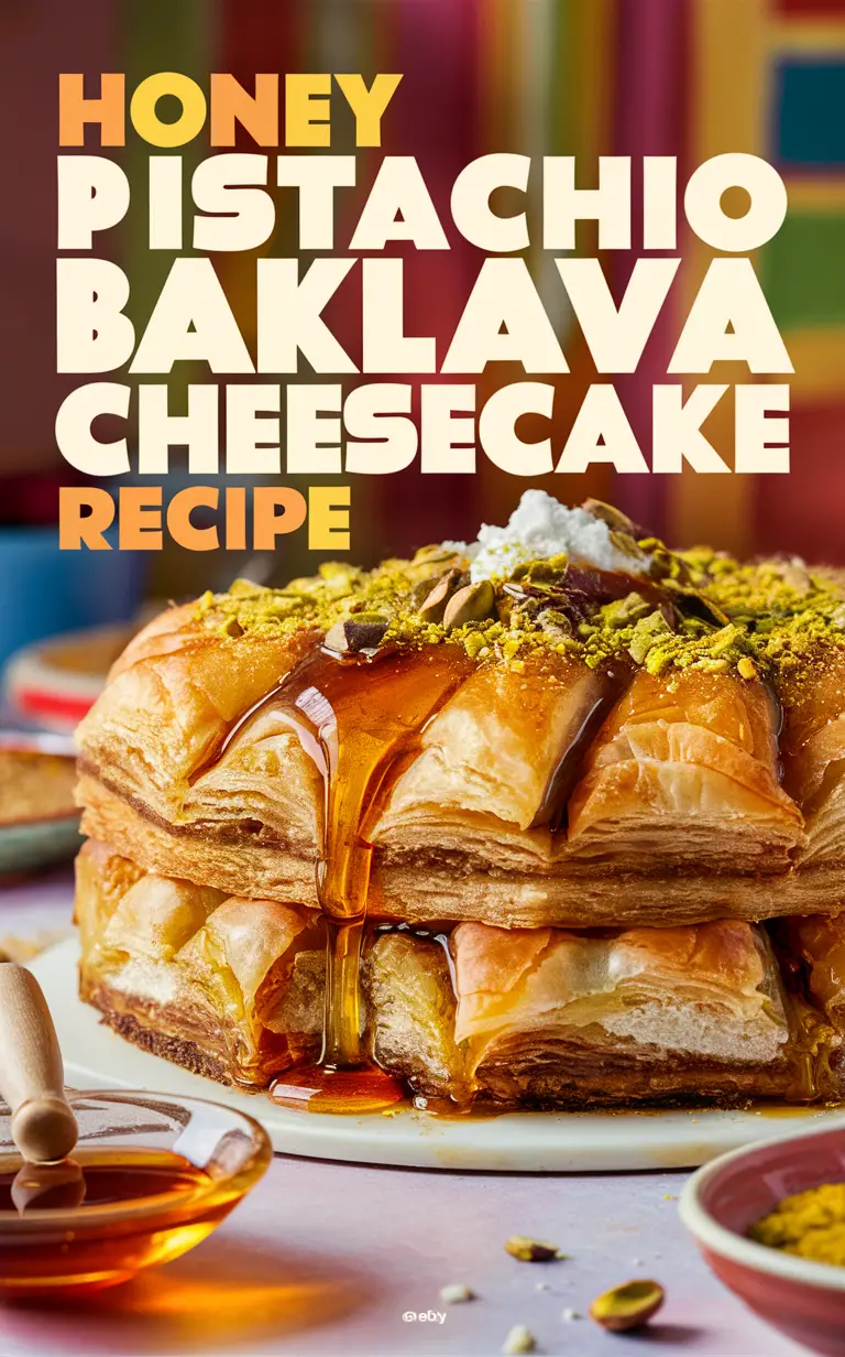 Honey baklava cheesecake, Pistachio dessert, Greek-inspired cheesecake, Baklava-inspired cake, Cheesecake with pistachio