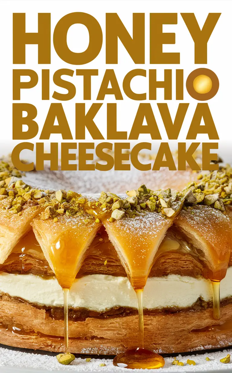 Honey baklava cheesecake, Pistachio dessert, Greek-inspired cheesecake, Baklava-inspired cake, Cheesecake with pistachio