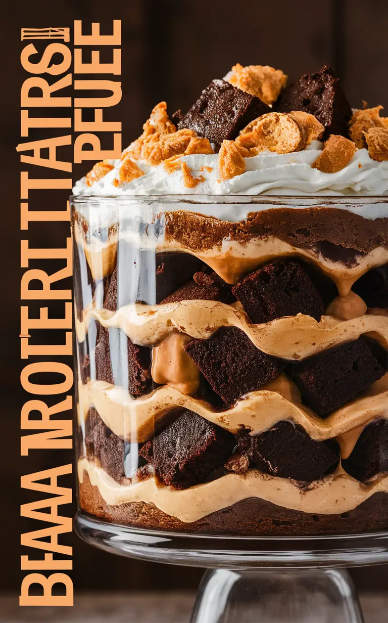 Peanut butter brownie trifle, Fudge brownie trifle recipe, Peanut butter fudge trifle, Decadent brownie trifle, Indulgent peanut butter trifle