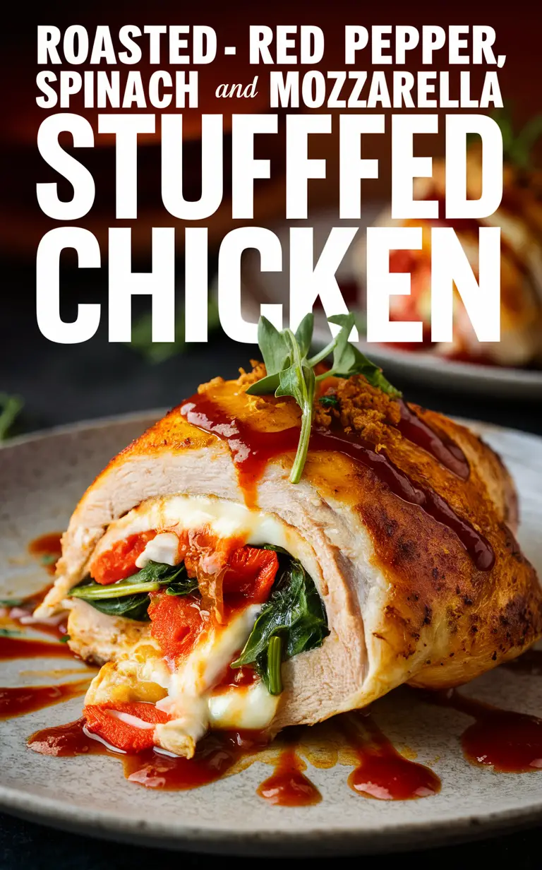 Roasted Pepper Stuffed Chicken, Spinach Mozzarella Stuffed Chicken, Stuffed Chicken Recipe, Roasted Pepper Chicken, Mozzarella Spinach Stuffed Chicken