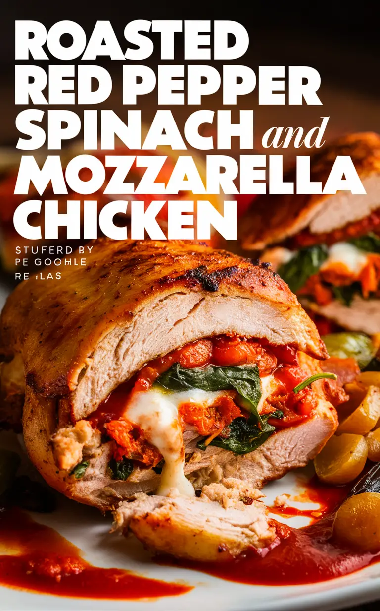 Roasted Pepper Stuffed Chicken, Spinach Mozzarella Stuffed Chicken, Stuffed Chicken Recipe, Roasted Pepper Chicken, Mozzarella Spinach Stuffed Chicken