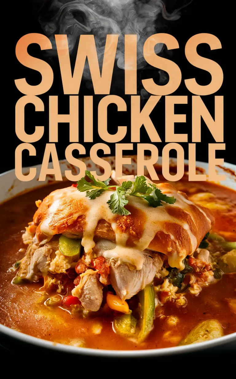 Swiss chicken casserole, cheesy chicken casserole, creamy chicken bake, chicken and swiss cheese casserole, easy chicken casserole