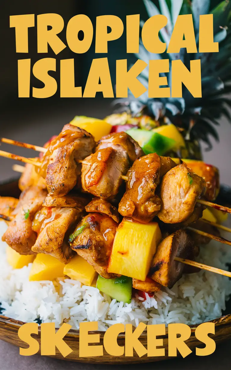 Tropical island chicken recipes, chicken skewers grill, grilled chicken skewers, tropical chicken marinade, BBQ chicken skewers