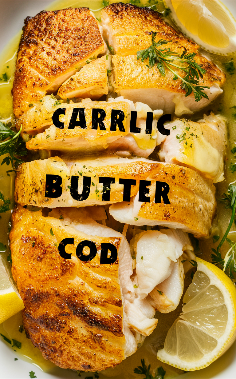 Garlic butter seafood recipe, 
Quick cod dinner ideas, 
Delicious fish dishes, 
Gourmet seafood entrees, 
Buttery cod fillet recipe