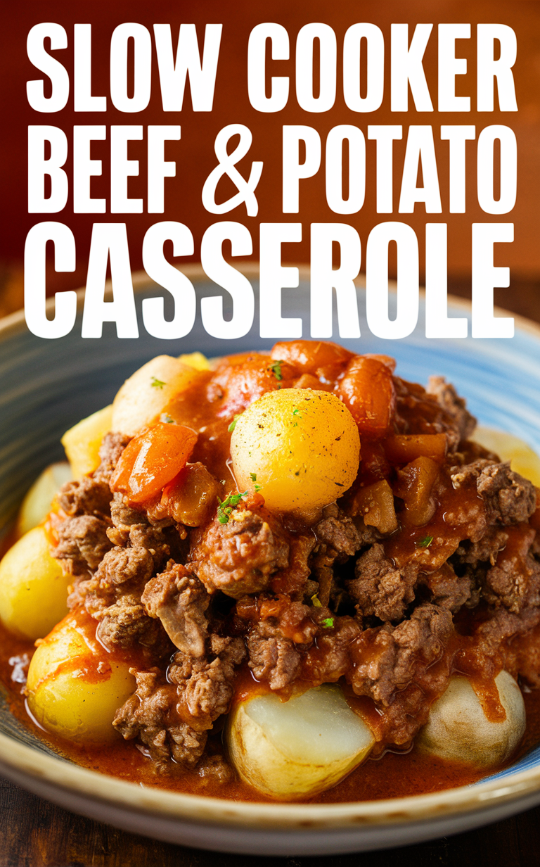 slow cooker ground beef casserole, hearty beef and potato casserole, savory beef and potato bake, tasty beef and potato hotpot, delicious slow cooker beef and potato stew