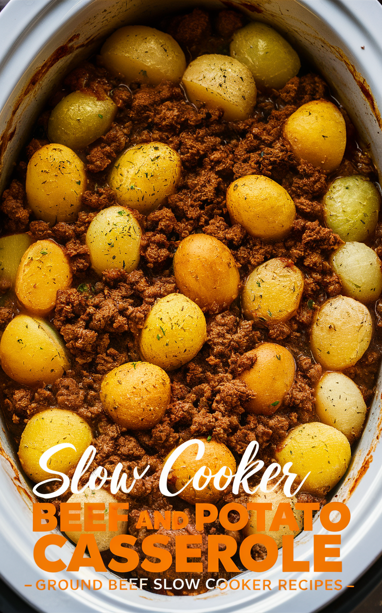 slow cooker ground beef casserole, hearty beef and potato casserole, savory beef and potato bake, tasty beef and potato hotpot, delicious slow cooker beef and potato stew