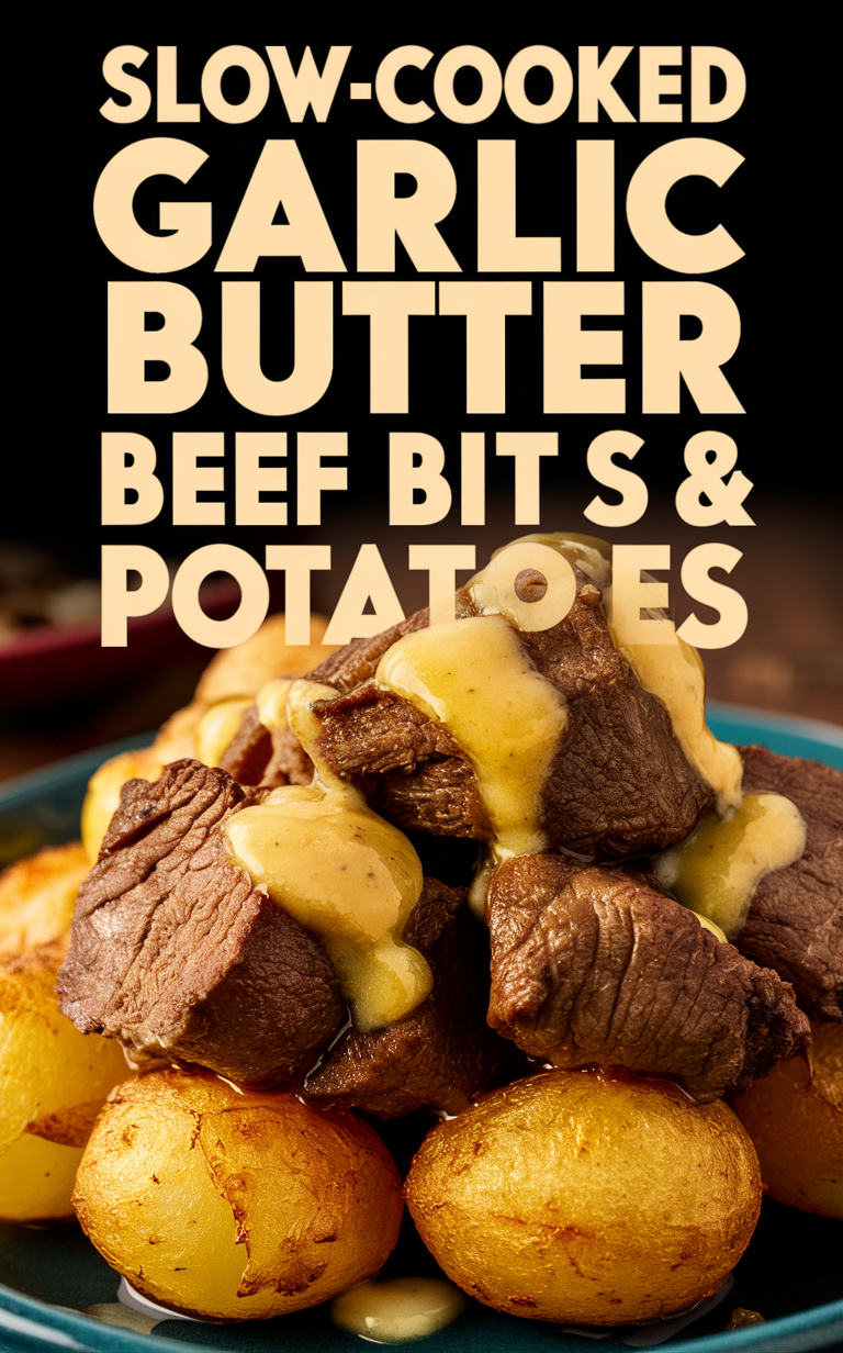 Slow Cooker Beef Recipe, Garlic Butter Beef Bites, Crockpot Beef and Potatoes, Garlic Butter Potato Recipe, Beef Dinner Ideas