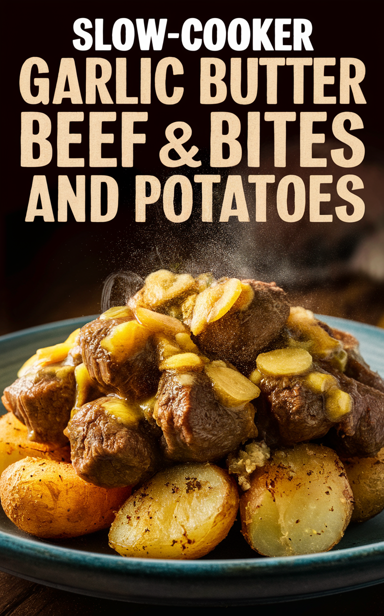 Slow Cooker Beef Recipe, 
Garlic Butter Beef Bites,
Crockpot Beef and Potatoes, 
Garlic Butter Potato Recipe, 
Beef Dinner Ideas