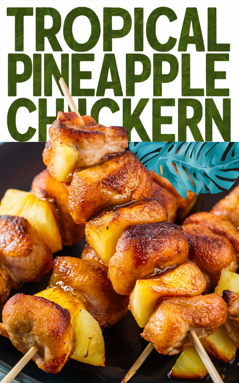 Pineapple chicken skewers, Hawaiian chicken skewers, Grilled pineapple chicken, Tropical chicken kebabs, BBQ chicken skewers