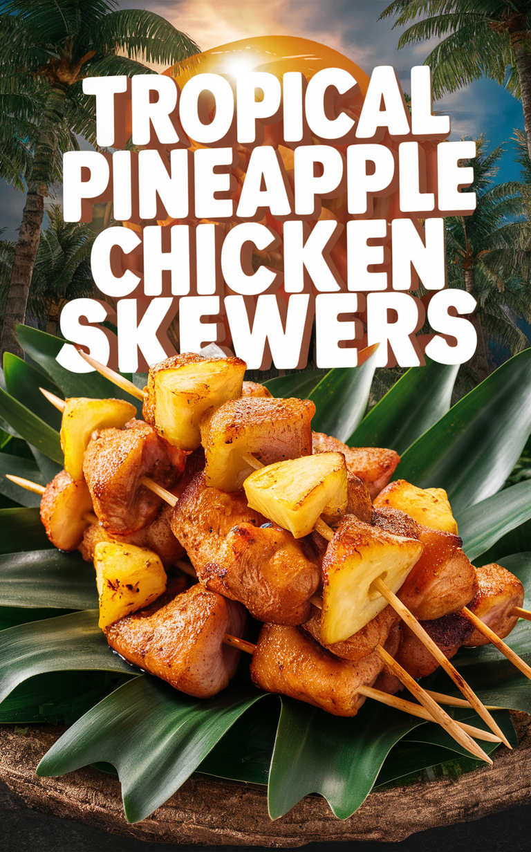 Pineapple chicken skewers, Hawaiian chicken skewers, Grilled pineapple chicken, Tropical chicken kebabs, BBQ chicken skewers