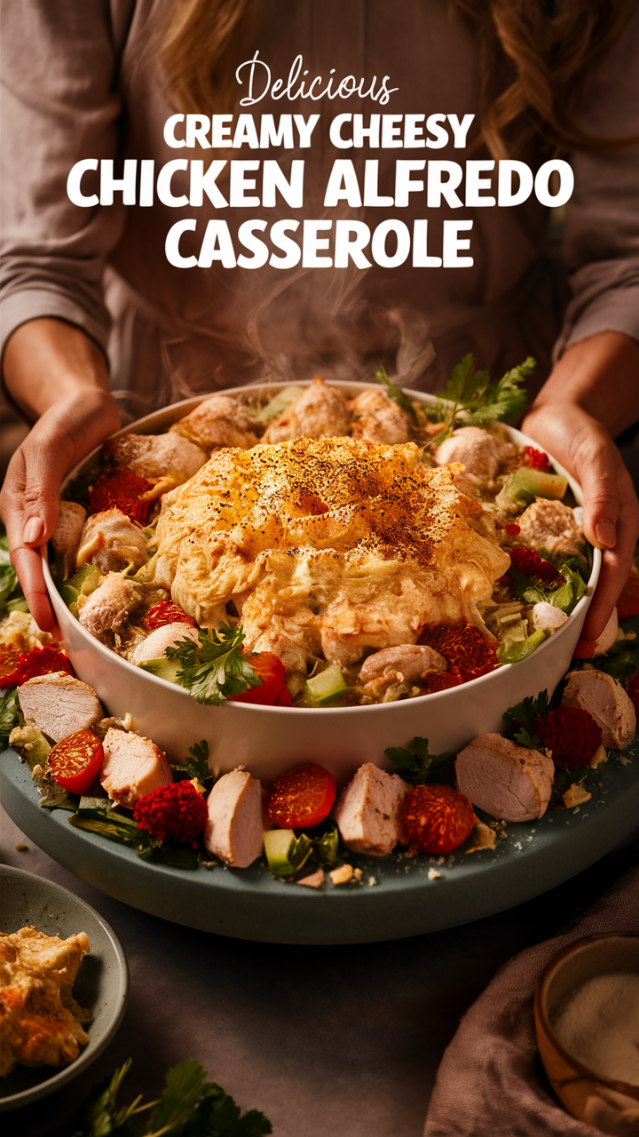 Cheesy chicken alfredo casserole, Creamy chicken bake, Chicken alfredo pasta bake, Cheesy alfredo chicken bake, Alfredo chicken casserole