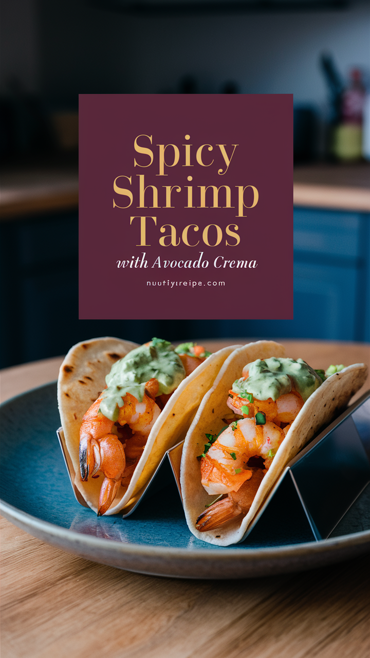 Spicy shrimp tacos, Shrimp taco recipe, Avocado crema, Mexican shrimp tacos, Spicy seafood taco