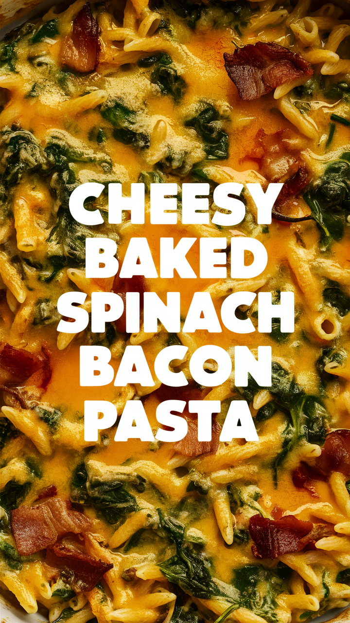 Baked pasta recipe, Spinach and bacon pasta, Cheesy pasta dish, Bacon and spinach casserole, Creamy baked pasta