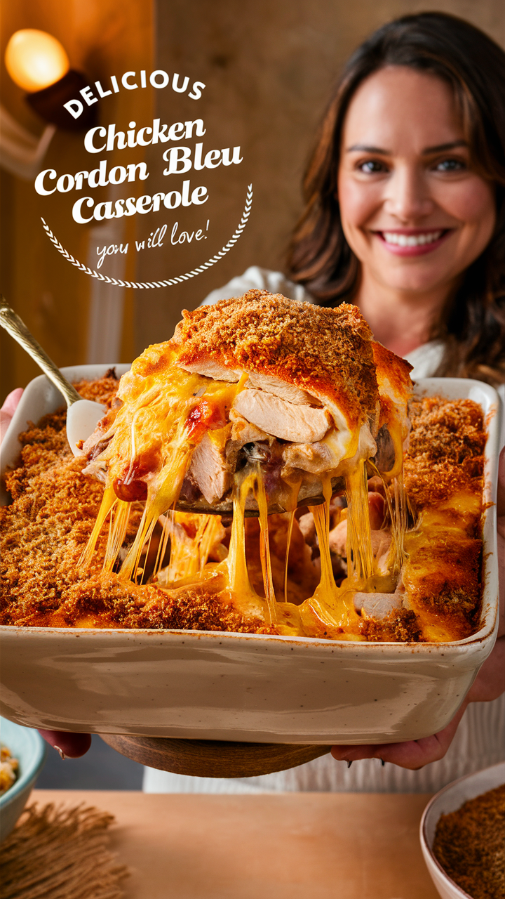 Chicken cordon bleu casserole, easy weeknight dinner, gourmet casserole recipes, cheesy chicken bake, flavorful dinner dish