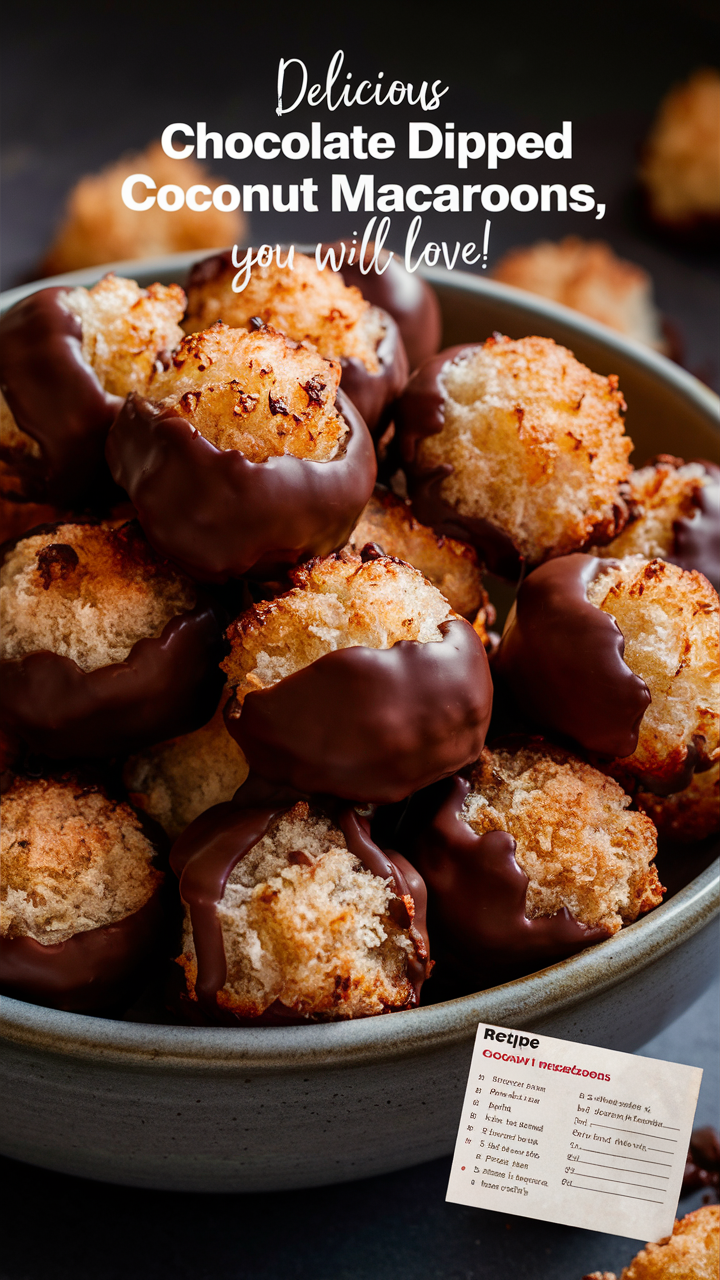 Coconut macaroons, Chocolate macaroons, Coconut desserts, Chocolate dipped desserts, Coconut treat