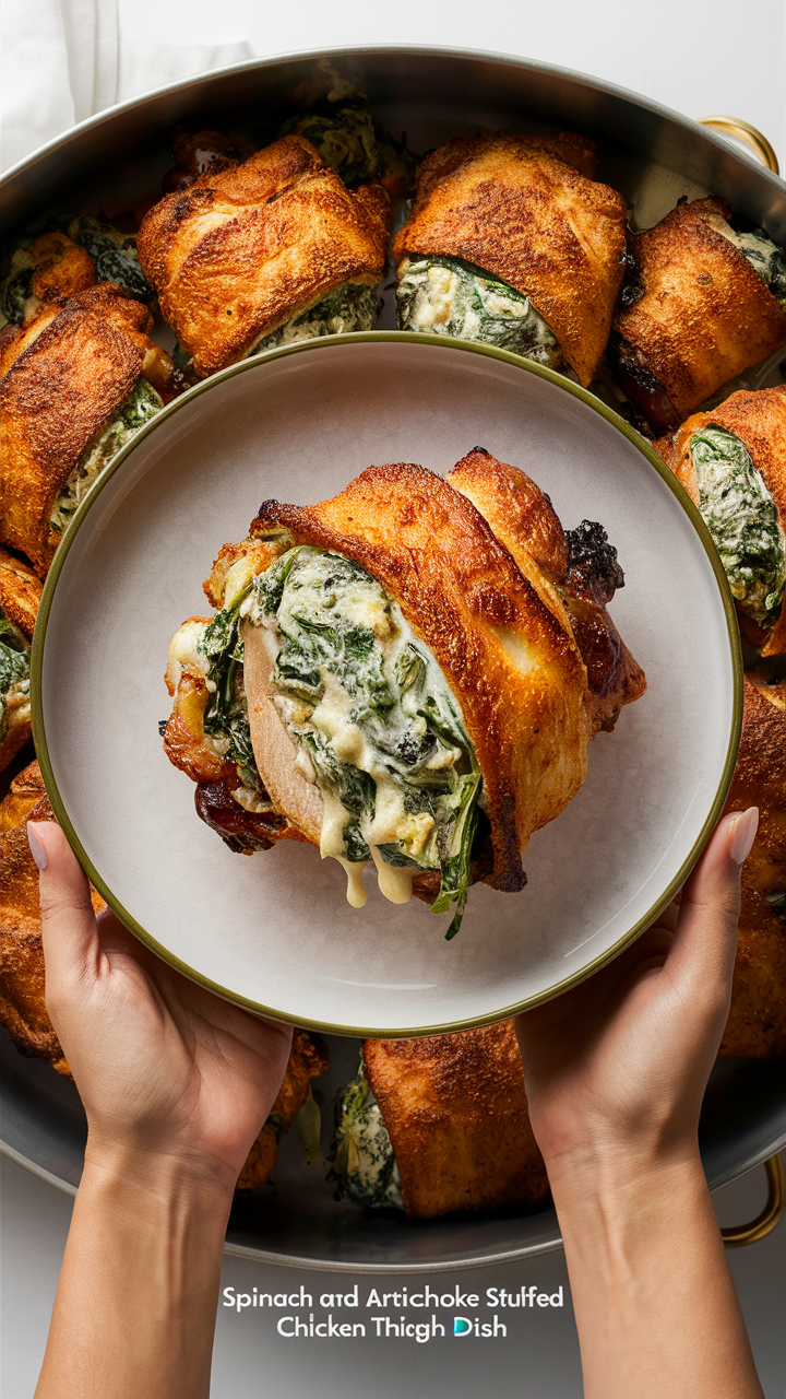 Spinach artichoke chicken, stuffed chicken recipe, chicken thigh recipes, creamy spinach chicken, artichoke stuffed chicken