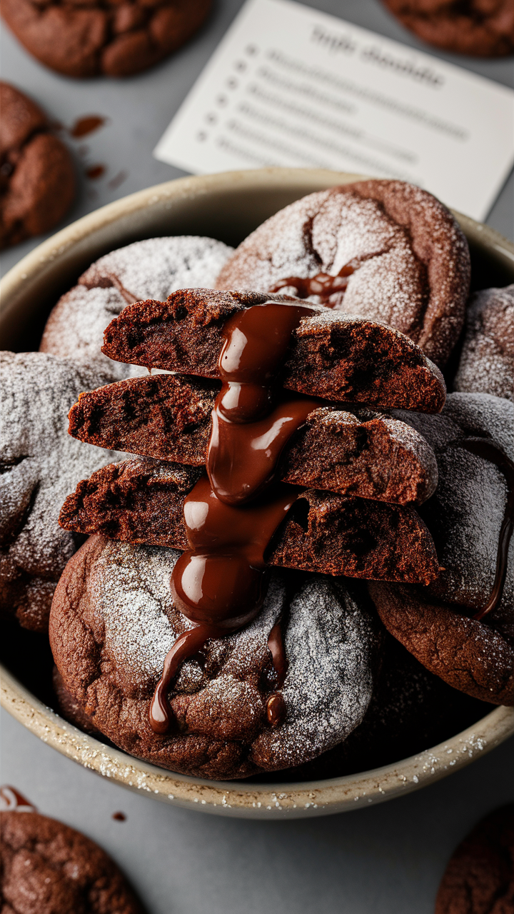 Triple chocolate cookies, gourmet chocolate cookies, chocolate lover's delight, indulgent chocolate treats, rich chocolate desserts