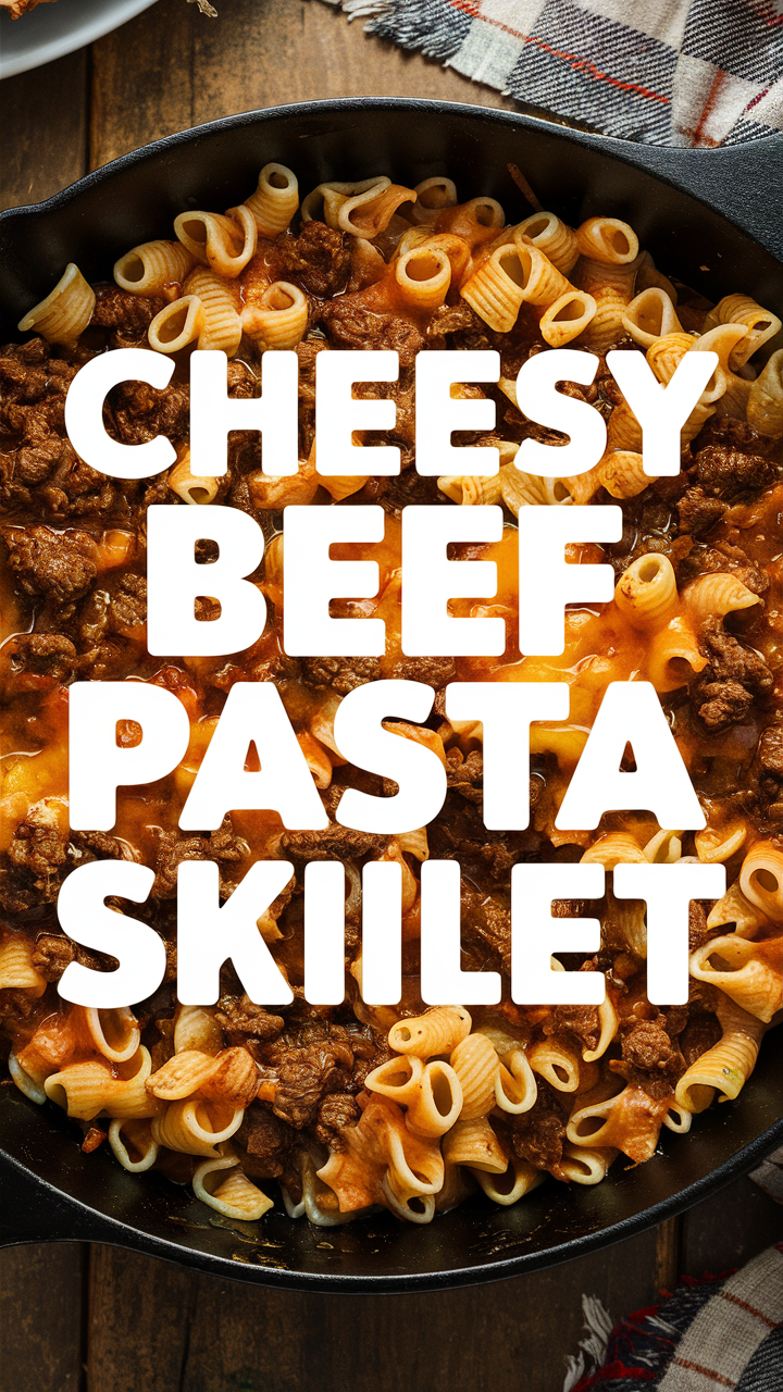 Cheesy beef pasta skillet, easy beef pasta recipe, skillet beef pasta dish, cheesy skillet dinner, pasta dish with beef and cheese.