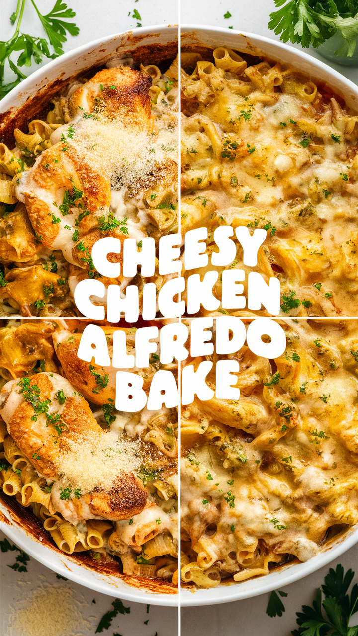 Cheesy Chicken Alfredo Bake, Chicken Alfredo Casserole, Creamy Chicken Pasta Bake, Cheese and Chicken Cassaroni, Gourmet Chicken Alfredo