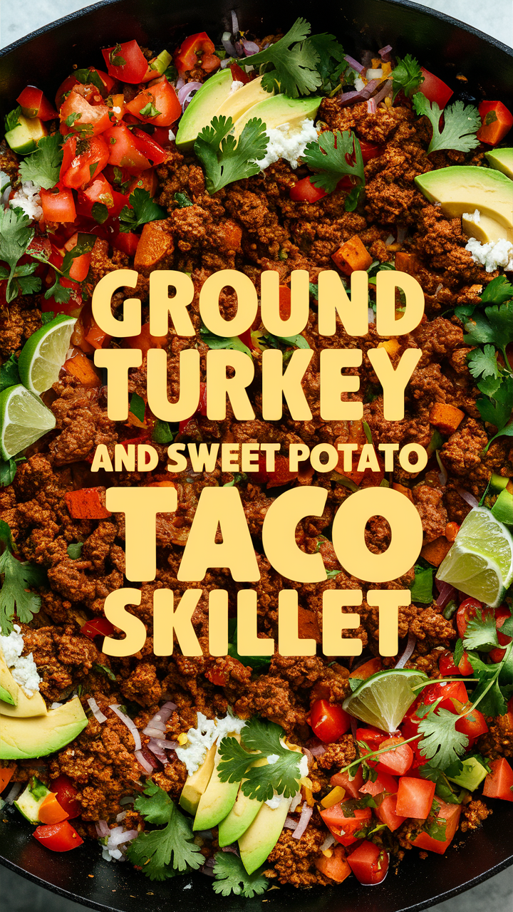 Ground Turkey Skillet Recipe, Sweet Potato Taco Skillet, Healthy Taco Skillet, Easy Ground Turkey Tacos, Delicious Sweet Potato Tacos