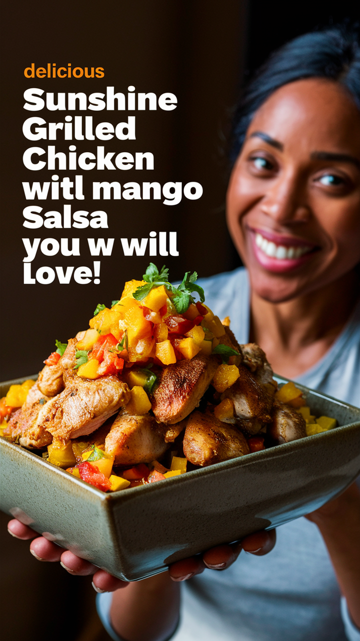 Grilled chicken recipe, Mango salsa recipe, Summer BBQ dishes, Tropical chicken dish, Healthy grilled chicken