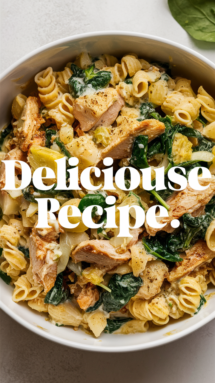 Creamy chicken pasta, spinach pasta dish, artichoke chicken recipe, creamy pasta bake, pasta with creamy artichoke sauce