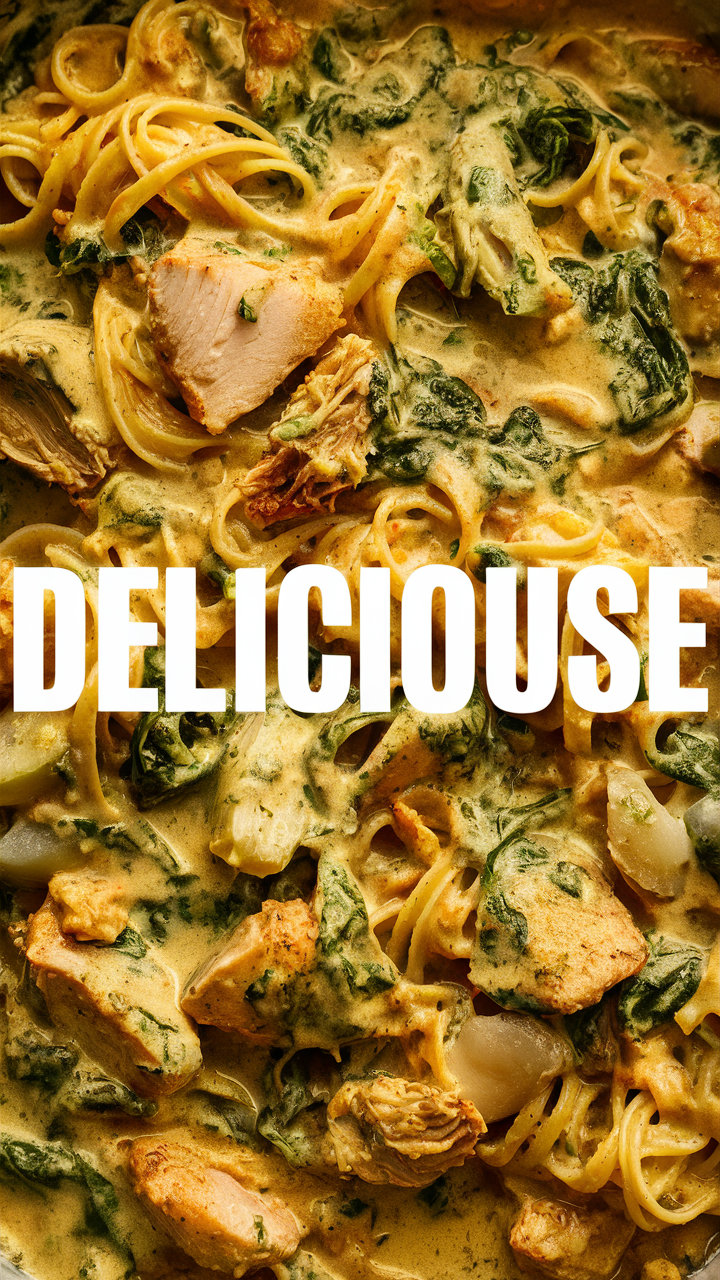 Creamy chicken pasta, spinach pasta dish, artichoke chicken recipe, creamy pasta bake, pasta with creamy artichoke sauce
