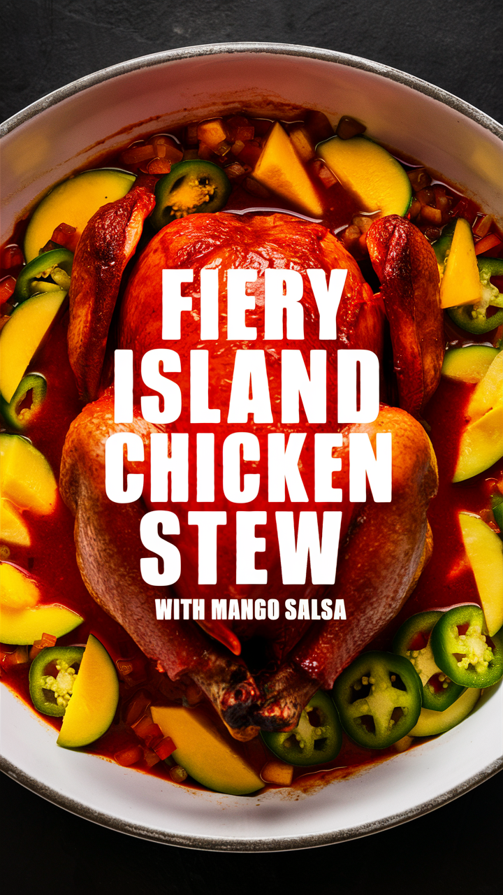 Island chicken stew, Mango salsa, Spicy Caribbean dish, Tropical chicken recipe, Hot and tangy stew