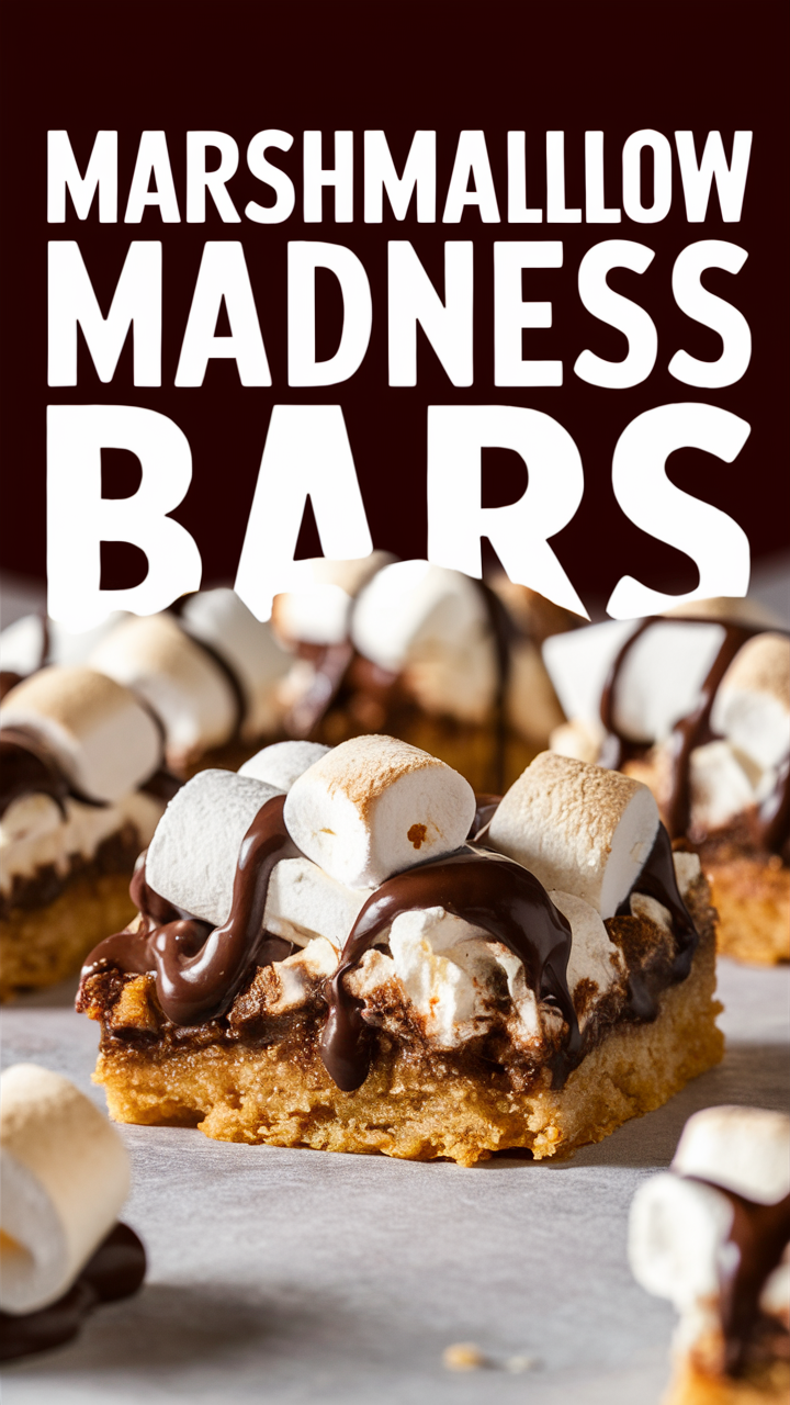 Marshmallow Madness Bars, gooey marshmallow bars, chocolate marshmallow treats, marshmallow dessert recipe, homemade marshmallow squares